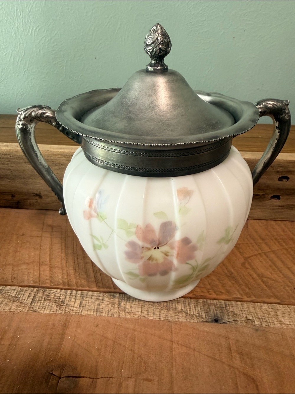 Antique Milk Glass Biscuit Jar, Hand Painted Florals, Ornate Metal Fittings